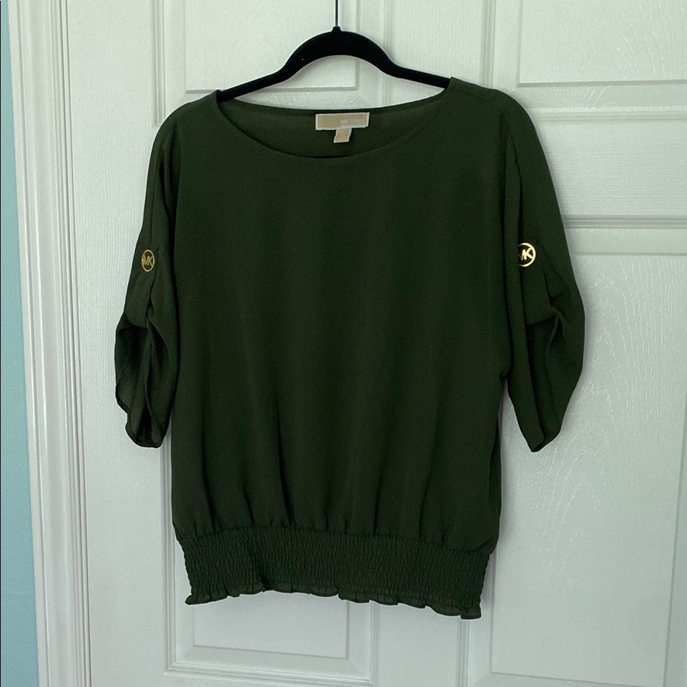 Dark Green Michael Kors Blouse with Gold Button Accents on the sleeves
